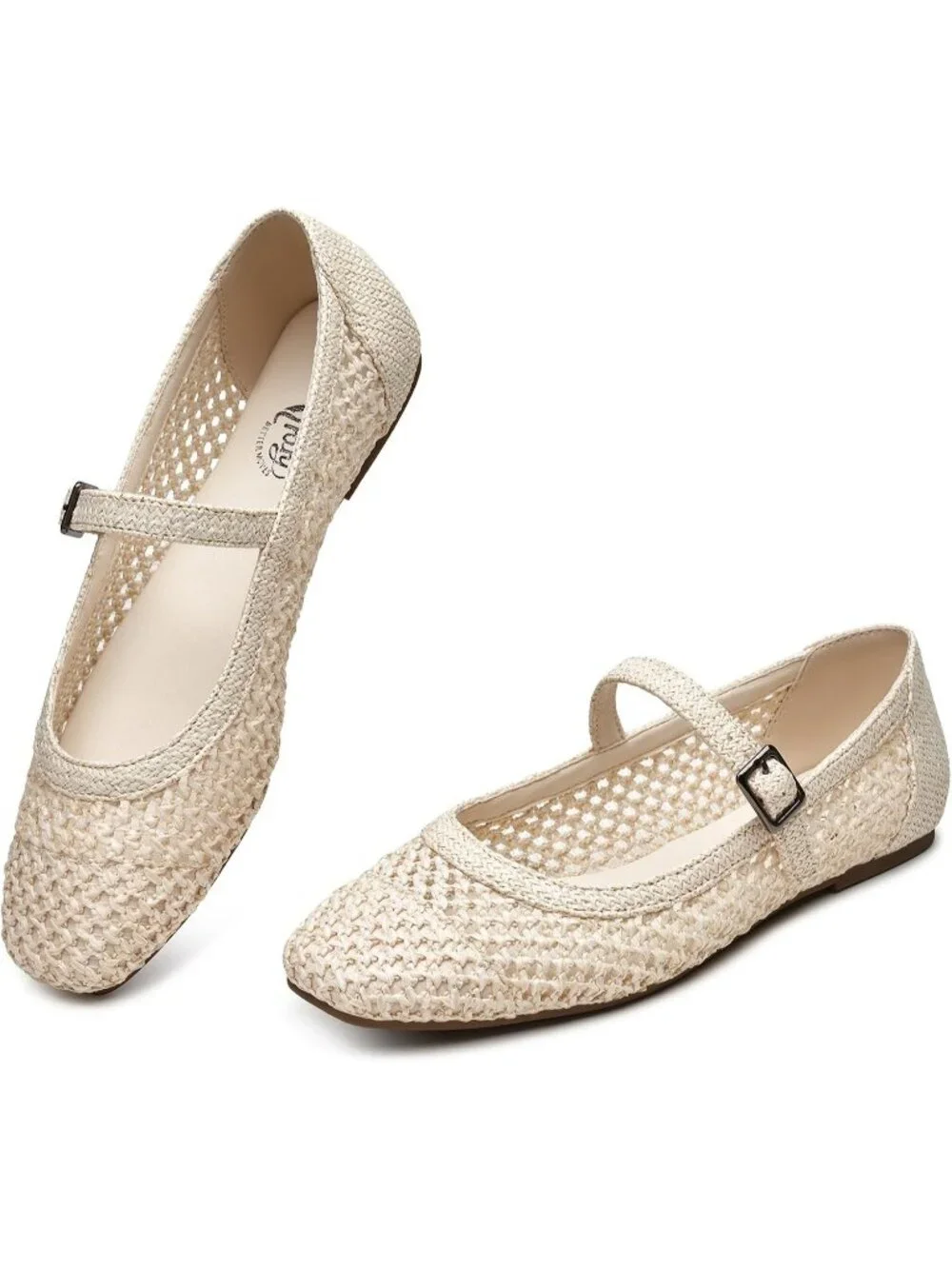 Women's White Woven Squared Toe Mary Jane Flats Adjustable Buckle Strap Shoes